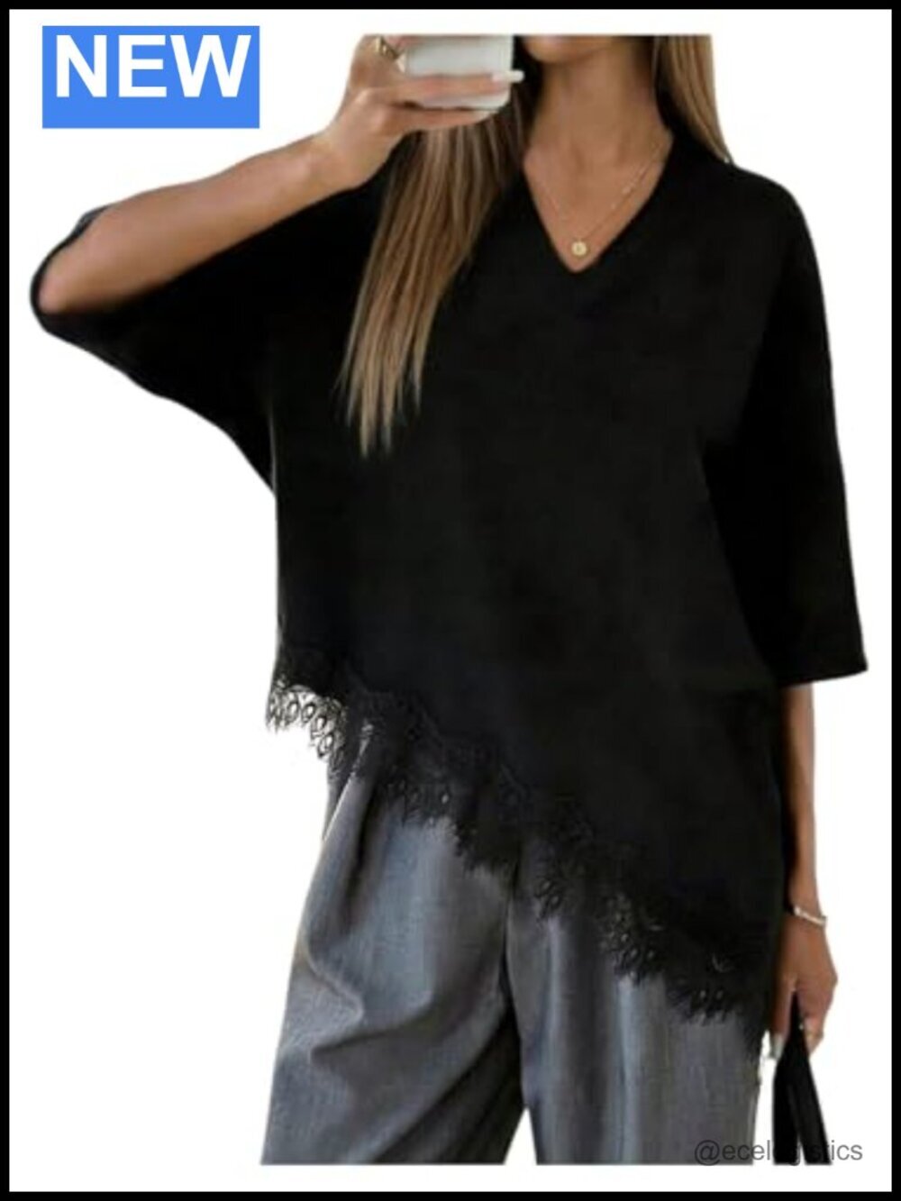 Lace Trim V Neck Half Sleeve Asymmetrical Oversized Summer Going Out Top